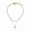 Collier double rang vintage doré avec chaîne Figaro, pendentif croix et fermoir en T - Style Double Couche Fermoir Toggle Croix (N883-Or)