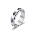 Macro dell'anello rotante in acciaio spazzolato con motivi a fiori di loto neri incisi - Motivo a Loto (R369-SI)