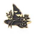 Detailed view of enamel brooch with black cat and witch hat in black and gold - Witch Hat Black Cat Rose Pattern (CL37)