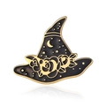 Close-up of witch hat enamel pin with golden roses, crescent moon and star details - Black Witch Hat Moon Star Pattern (CL39)
