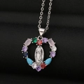 Klassieke Maagd Maria hartketting met gekleurde zirkonia en zilveren afwerking - Zilver Religieus Hart Stijl (CX34)