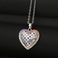 Regenboog hart hanger ketting met kleurrijke zirkonia op zwarte lederen achtergrond - Zilver Hol Hart Rooster Stijl (CX26)