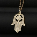 Gouden Hand van Fatima hanger met micro-pave zirkonia en centraal bloemmotief aan ketting - Goud Hamsa Hand Stijl (CX28)