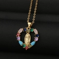 Gouden hartketting met Maagd Maria-reliëf en kleurrijke ingelegde zirkoonstenen - Goud Religieus Hart Stijl (CX34)