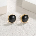 Minimalist oval black enamel stud earrings with polished gold-plated stainless steel base - Round Style - Large (OLBE933) / Black