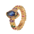 Macro shot of gold-plated ring with colorful marquise-cut zircons and blue center stone - Blue Marquise Stone (06)
