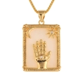 Gold rectangular pendant with moon sun and hamsa hand design on a box chain necklace - Hamsa Hand (D247-D)