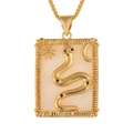 Detail view of gold snake pendant with star and moon charms on shell inlay necklace - Snake Star and Moon (D247-A)