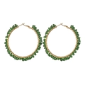 Golden round hoop earrings featuring dark green faceted crystal beads wrap design - Large Wrapped Hoop Style (OLBE832) / Green