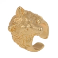 Detailed close-up of golden wolf head ring with intricate textures and adjustable band - Adjustable Open / Wolf Head Style (J226-A)