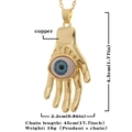 Detail view of a gold-plated copper Hamsa hand pendant necklace with a blue evil eye stone - Hamsa Hand Style (D300)