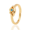 Detail of golden adjustable open ring featuring blue evil eye stone and metal carving - Open Adjustable / Sky Blue (J314-A)