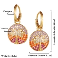 Detailed close-up of gold hoop earrings with colorful zircon palm tree charms - Tropical Palm Tree Style (E136)