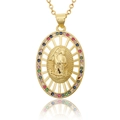 Detailed macro of gold Virgin Mary pendant with colorful zircon stones and hollow design - Multi-color Zirconia Style / Colorful