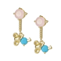 Cute gold-plated bear drop earrings with pink and blue gemstones on white background - Bear Girl Style