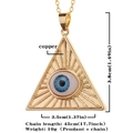 Gold plated copper evil eye triangle pendant necklace with blue iris and measurements - All-seeing Eye Triangle Style (D301)