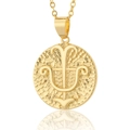 Detail of 18K gold plated zodiac coin necklace featuring embossed Greek symbol and hammered texture - Sagittarius