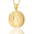 Detailed view of 18K gold plated vintage coin pendant featuring an embossed relief profile - Virgo