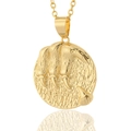 Macro view of 18K gold plated coin pendant featuring detailed embossed paw print - Leo
