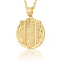 Detail of 18K gold plated shield pendant featuring embossed scales and vintage texture - Gemini
