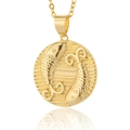 Macro view of 18K gold plated Pisces zodiac medallion pendant with high polish finish - Pisces