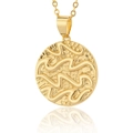 Macro view of 18K gold plated Aquarius zodiac coin pendant with embossed wave patterns - Aquarius