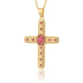 Collana con pendente a croce in oro 18K con gemma rossa ovale e motivi traforati vintage - Rosso