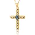 Collana con croce religiosa placcata in oro 18K con gemme blu e motivi traforati - Blu