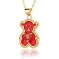 Golden necklace featuring a red enamel bear pendant with a heart-shaped zircon stone - Red Enamel Bear (D440-3)