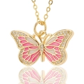Macro-opname van gouden vlinderhanger met roze emaille en sprankelende kristallen - Roze Wit Vlinder (D456-2)