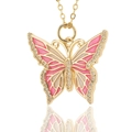 Detailopname van roze emaille vlinderhanger met glinsterende zirkonia op gouden ketting - Gradiënt Roze Vlinder (D459-4)