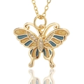 Detailopname van gouden vlinderhanger met blauw email en witte zirkoon inleg - Blauw Geel Gestippelde Vlinder (D465-3)