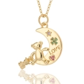 Golden crescent moon necklace with teddy bear and colorful zircon heart charms - Moon Bear LOVE (D480)