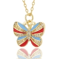 Elegante gouden ketting met vlinderhanger, rood en blauw emaille met kristallen - Rood Blauw Omlijnde Vlinder (D469-2)