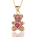 Micro-paved gold teddy bear pendant necklace with sparkling red heart stone - Full Zircon Rose Red Bear (D442-8)