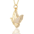 Detailopname van gouden vlinderhanger met wit email en fonkelende zirkonia accenten - Wit Goud Vlinder (D453-2)