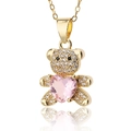 Detail of gold teddy bear pendant with micro-pave crystals and pink heart stone - Pink Heart Bear (D438-6)