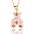 Macro view of gold teddy bear pendant with pink enamel checkerboard and zircons - Pink White Checkerboard Bear (D466-3)