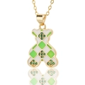 Macro detail of golden bear pendant with green and white checkerboard enamel and crystals - Green White Checkerboard Bear (D466-2)