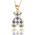Close-up of golden bear pendant with blue diamond patterns and sparkling zircons - Blue White Checkerboard Bear (D466-1)