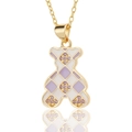 Golden necklace featuring a purple checkered bear pendant with micro-set zircon stones - Purple White Checkerboard Bear (D466-4)