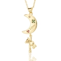 Golden crescent moon necklace with bear pendant and colorful gemstones on white background - Crescent Moon Bear LOVE (D490)