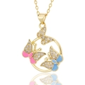 Gouden vlinderketting met zirkonia stenen en emaille op een witte achtergrond - Driekleurige Vlinder Ronde Lijst (D499)