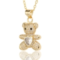 Golden teddy bear necklace with micro-pave crystals and a large heart-shaped stone - Full Zircon White Bear (D442-1)