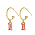 Macro shot of elegant gold drop earring with a claw-set rectangular pink crystal gem - Red