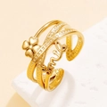 Golden multi-layer crisscross smile ring with clover and Roman numeral details - Gold (J03838)
