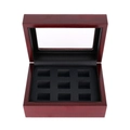 Top view of a 9-slot wooden sports ring display box with glass lid and black lining - 12*16*7cm / Mahogany-9 Slot Plain