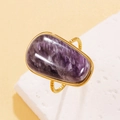 Vintage stainless steel ring with oval amethyst stone and twisted gold-plated band - Amethyst