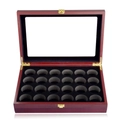 Detail of mahogany finish golf ball display case with 24 slots and gold metal latch - 24-Hole Flat Top Window Style (Without Ball)