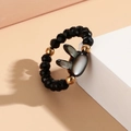 Beaded rabbit ring with black faceted beads and iridescent shell bunny center - One Size / Black Rabbit